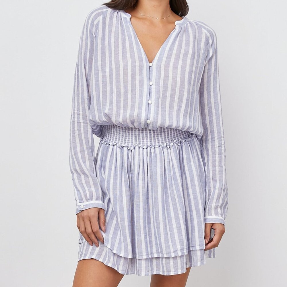 RAILS Jasmine Mini Dress Rhone Stripe Linen Blend Smocked Blue White Medium $218